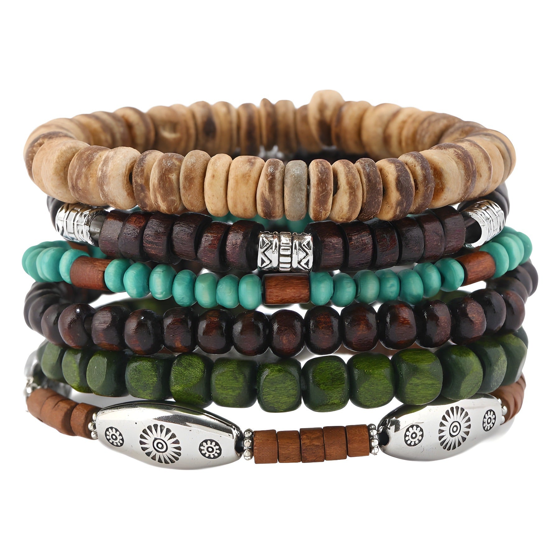 Wholesale Wooden bead alloy multi-layer elastic bracelet